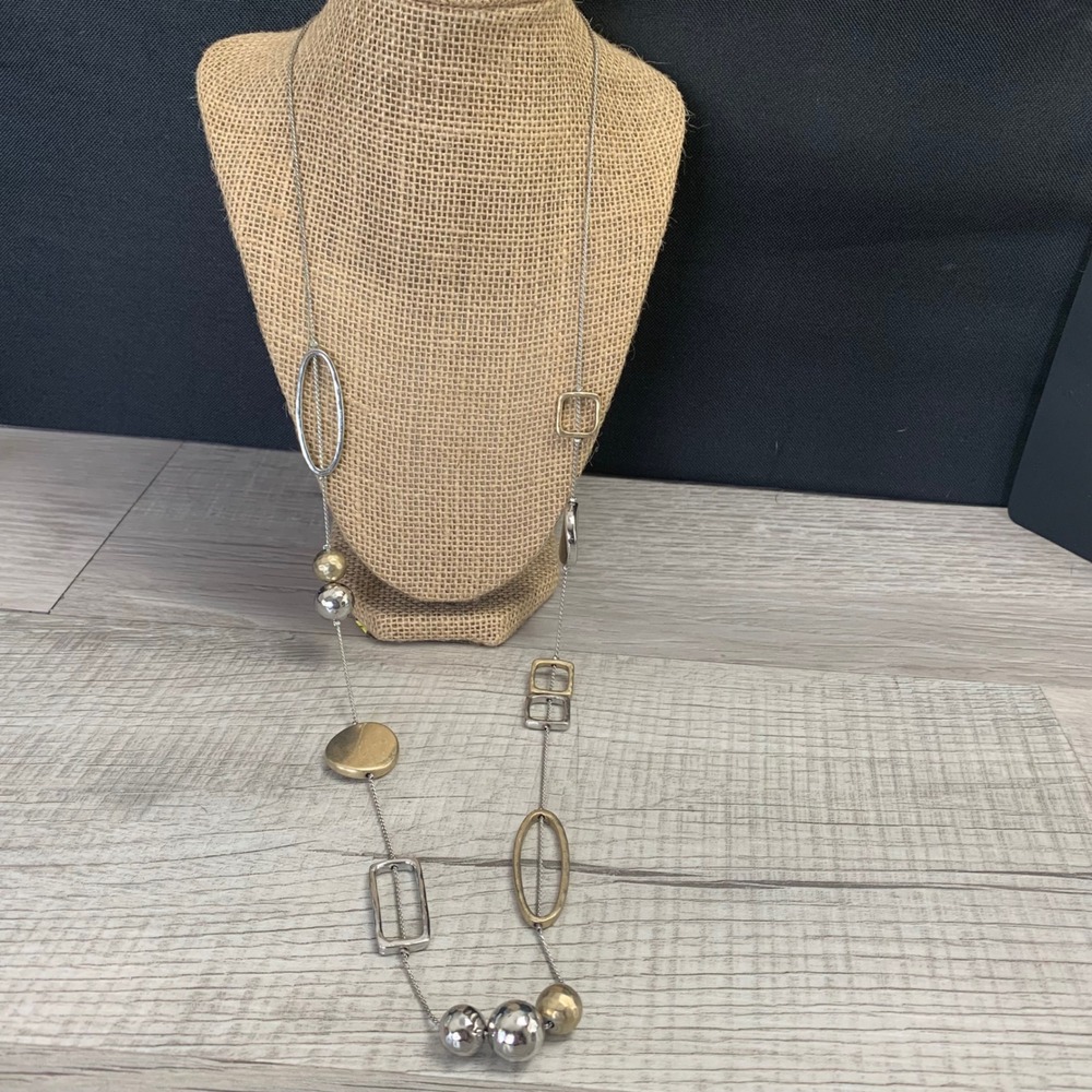 Chicos Long Mixed Metal Geometric Station Necklace Silver Gold Tone 36 Inch